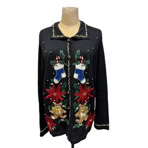 "Victoria Jones" Black Ugly Christmas Sweater SZ XL Poinsettia Bears Embellished